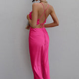 Sleeveless Satin Maxi Cut Out Strappy Back Dress Pink