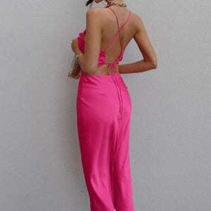 Sleeveless Satin Maxi Cut Out Strappy Back Dress Pink