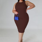 Plus Size Sleeveless Solid Bodycon Midi Dress Brown