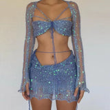 Knitted Sequin Crop Top and Skirt Matching Set Blue