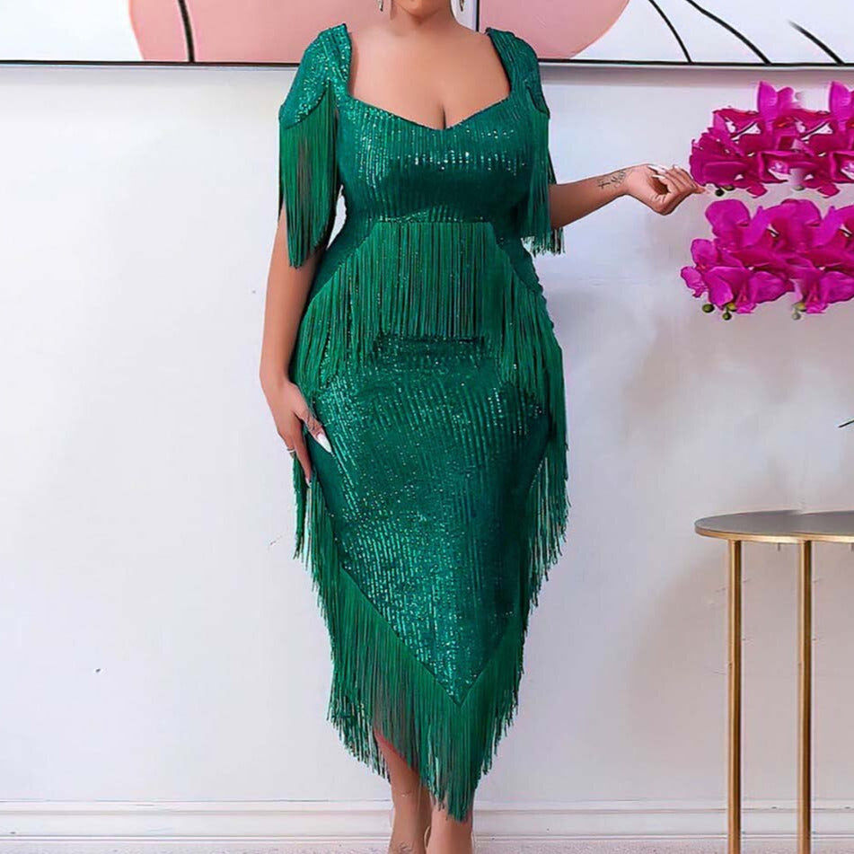 sequin tassel midi dress Black Dusk Sequin Tassel Midi Stretch Dress