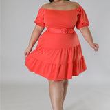 Plus Size Solid Off Shoulder Belted Midi Dress Orange