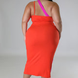 Plus Size Two Tone One Shoulder Ruched Midi Dress Pink