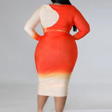 Plus Size Long Sleeve Two Tone Bodycon Midi Dress Orange