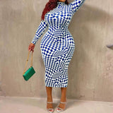 Plus Size Mock Neck Long Sleeve Checkered Midi Dress Blue