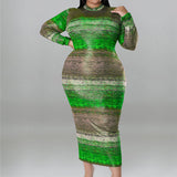 Plus Size Tie Dye Striped Long Sleeve Bodycon Dress Green