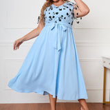 Plus Size Lace Short Sleeve Floral Print Midi Dress Blue