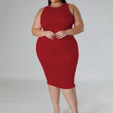 Plus Size Sleeveless Solid Bodycon Midi Dress Red