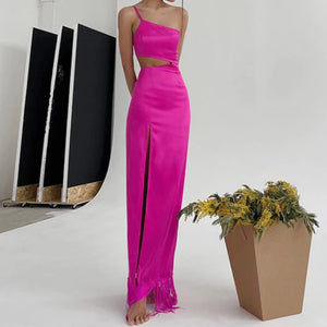 Satin Silk Cut Out Tassel Maxi Dress Pink