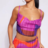 Printed Pleated Cami Top And Skirt Matching Set  Purple