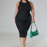 Plus Size Sleeveless Solid Bodycon Midi Dress Black