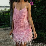 Sleeveless Fringed Sequin Feathered Mini Dress Pink