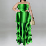 Plus Size Strapless Ruffled Cut Out Maxi Dress Green