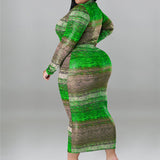 Plus Size Tie Dye Striped Long Sleeve Bodycon Dress Green