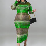 Plus Size Tie Dye Striped Long Sleeve Bodycon Dress Green