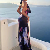 Backless Maxi Purple Print Halter Bodycon Dress