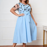 Plus Size Lace Short Sleeve Floral Print Midi Dress Blue