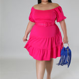 Plus Size Solid Off Shoulder Belted Midi Dress Hot Pink