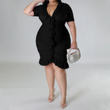 Plus Size Draped V-Neck Ruffle Midi Dress Black