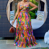 Plus Size Sleeveless Tie Dye Print Ruffle Maxi Dress Multi