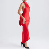 Satin Backless Bow Maxi Dress Red
