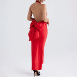 Satin Backless Bow Maxi Dress Red