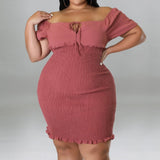 Plus Size Off Shoulder Front Drawstring Midi Dress Dusty Rose