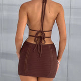 Cut Out Knit Halter Mini Dress Brown