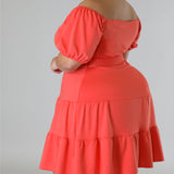 Plus Size Solid Off Shoulder Belted Midi Dress Orange