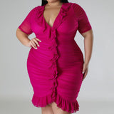 Plus Size Draped V-Neck Ruffle Midi Dress Pink