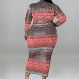 Plus Size Tie Dye Striped Long Sleeve Bodycon Dress Pink