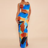 Printed Pleated Cami Top And Skirt Matching Set  Blue