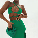 Strappy Halter Top and Skirt Matching Set Green