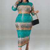 Plus Size Tie Dye Striped Long Sleeve Bodycon Dress Teal