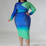 Plus Size Long Sleeve Two Tone Bodycon Midi Dress Blue