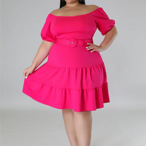 Plus Size Solid Off Shoulder Belted Midi Dress Hot Pink