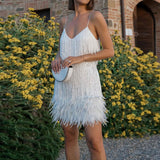 Sleeveless Fringed Sequin Feathered Mini Dress White