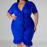 Plus Size Draped V-Neck Ruffle Midi Dress Blue