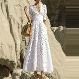 Half Sleeve Hollow Out Embroidery Maxi Dress White