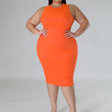 Plus Size Sleeveless Solid Bodycon Midi Dress Orange