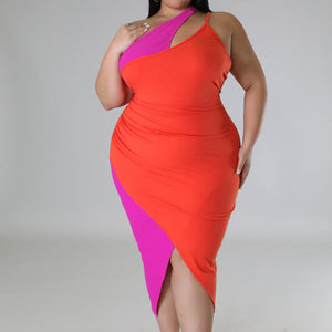 Plus Size Two Tone One Shoulder Ruched Midi Dress Pink