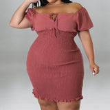 Plus Size Off Shoulder Front Drawstring Midi Dress Dusty Rose