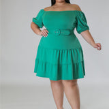 Plus Size Solid Off Shoulder Belted Midi Dress Green