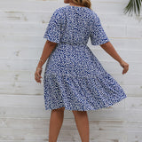 Plus Size V-Neck Short Sleeve Floral Print Midi Dress Blue