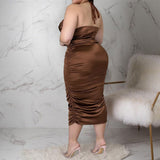 Plus Size Sleeveless Draped Satin Midi Dress Brown