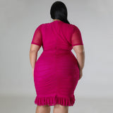 Plus Size Draped V-Neck Ruffle Midi Dress Pink