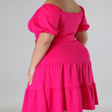 Plus Size Solid Off Shoulder Belted Midi Dress Hot Pink