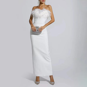 Strapless Feather Tassel Maxi Dress White