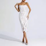 Strapless Floral Lace Midi Dress White