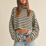 Stripe High Neck Oversize Crop Sweater Khaki